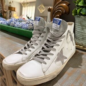 Golden Goose White Leather Mid-Top Sneakers with Gray Star 41 (10.5)